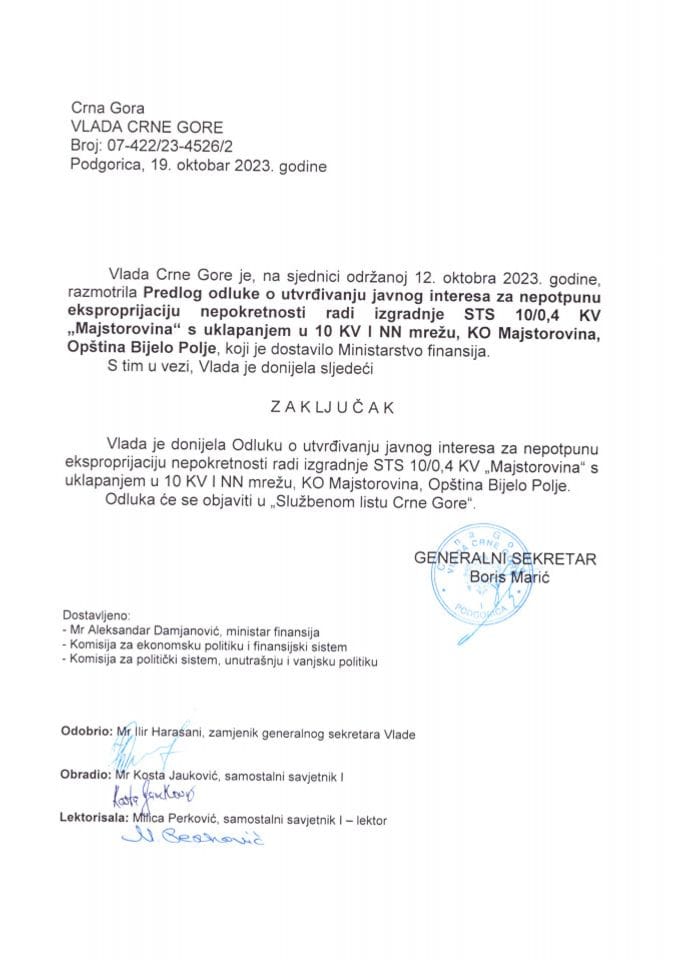 Predlog odluke o utvrđivanju javnog interesa za nepotpunu eksproprijaciju nepokretnosti radi izgradnje STS 10/0,4 KV „Majstorovina“ sa uklapanjem u 10 KV i NN mrežu, KO Majstorovina, Opština Bijelo Polje - zaključci