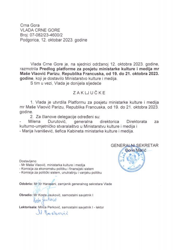 Predlog platforme za posjetu ministarke kulture i medija mr Maše Vlaović Parizu, Republika Francuska, 19-21. oktobar 2023. godine (bez rasprave) - zaključci