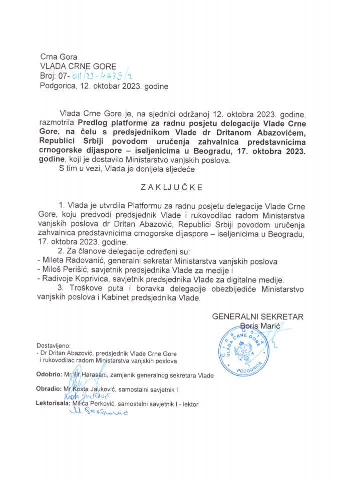 Predlog platforme za radnu posjetu delegacije Vlade Crne Gore, na čelu sa predsjednikom Vlade Dritanom Abazovićem Republici Srbiji, povodom uručenja zahvalnica predstavnicima crnogorske dijaspore-iseljenicima - zaključci