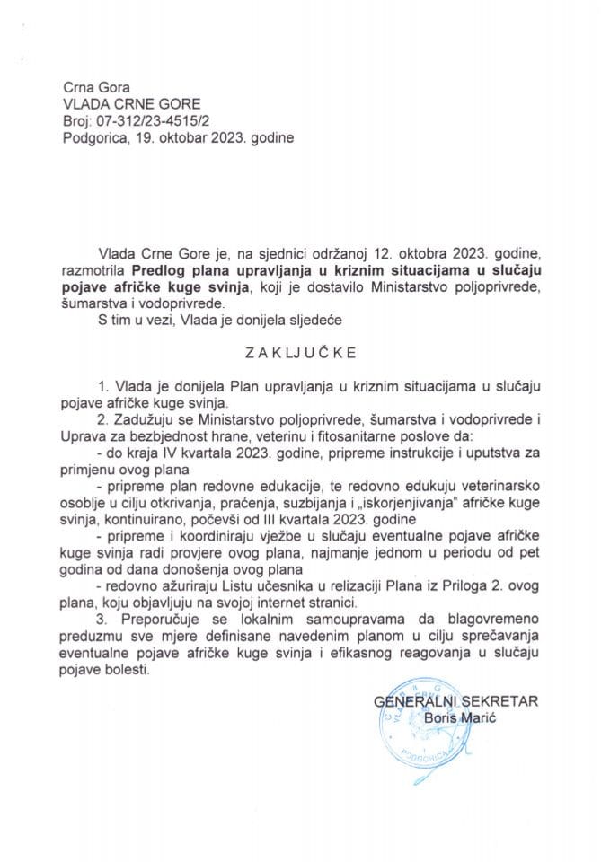 Predlog plana upravljanja kriznim situacijama u slučaju pojave afričke kuge svinja - zaključci