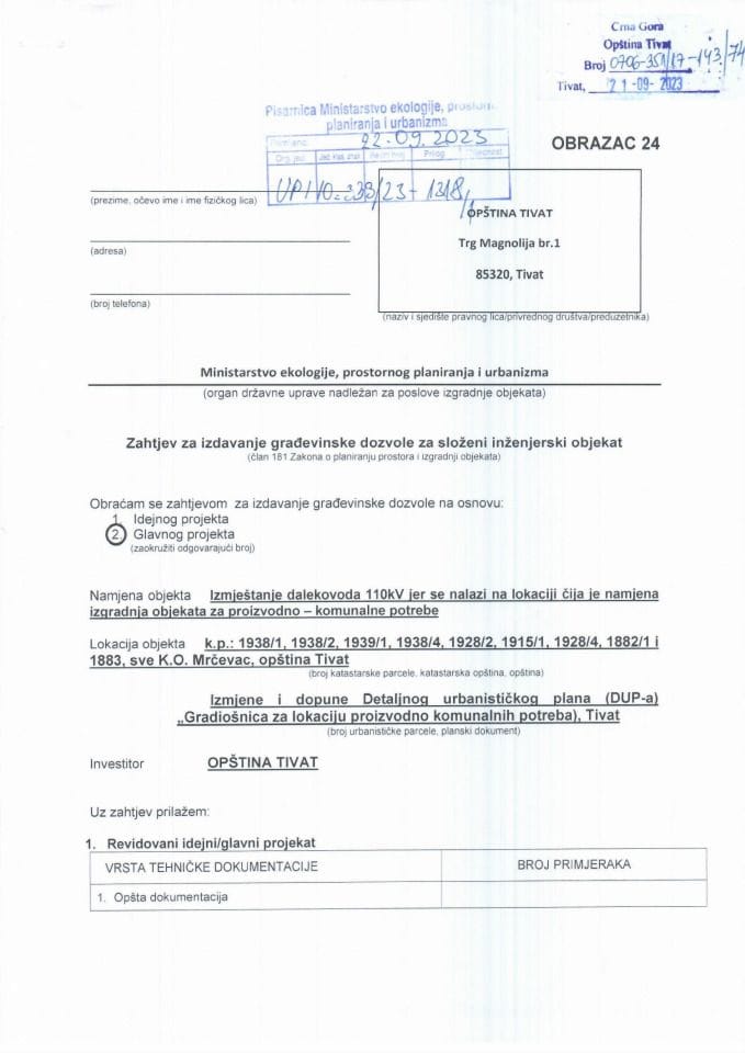 Zahtjevi za izdavanje građevinske dozvole - UPI 10_333_23_1318_10 Opsatina Tivat
