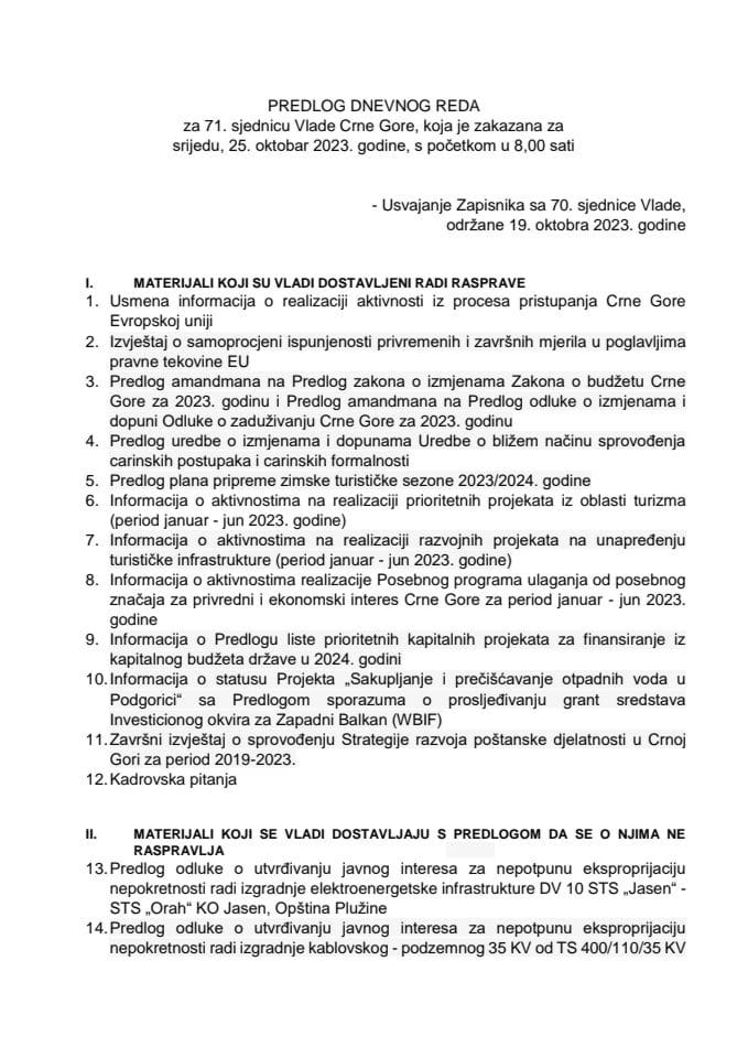 Predlog dnevnog reda za 71. sjednicu Vlade Crne Gore