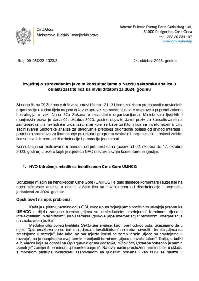 Izvještaj o sprovedenim javnim konsultacijama o Nacrtu sektorske analize u oblasti zaštite lica sa invaliditetom za 2024.