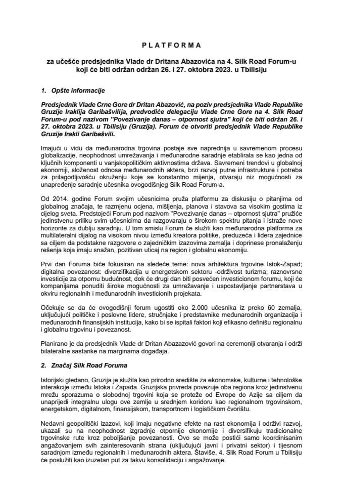 Predlog platforme za učešće predsjednika Vlade dr Dritana Abazovića na 4. Silk Road Forum-u koji će biti održan 26. i 27. oktobra 2023. godine, u Tbilisiju, Gruzija (bez rasprave)