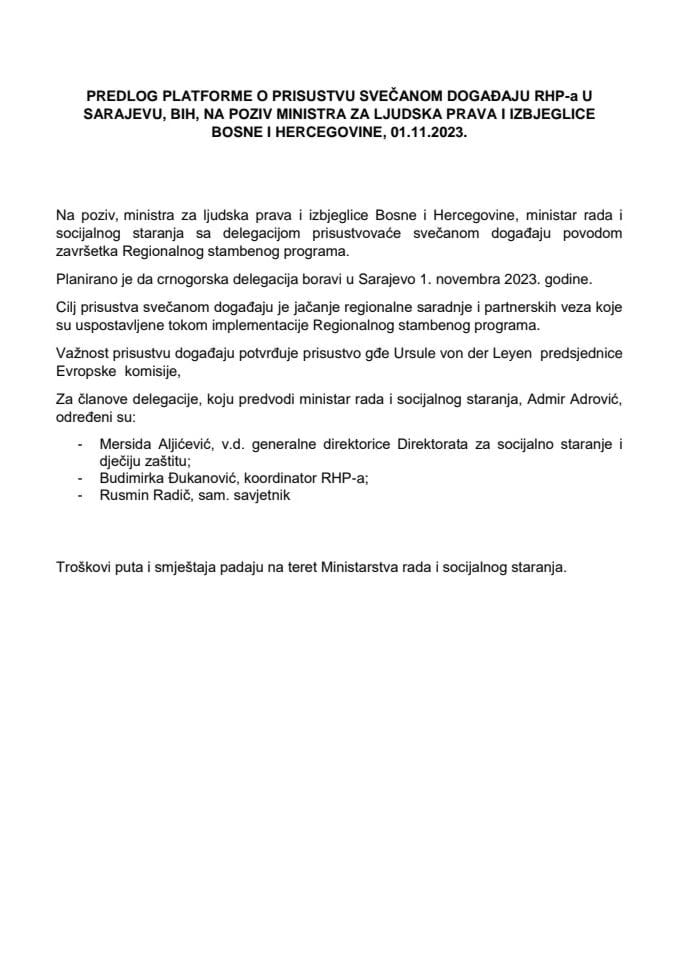 Predlog platforme o prisustvu svečanom događaju RHP-a u Sarajevu, BiH, na poziv ministra za ljudska prava i izbjeglice Bosne i Hercegovine, 1. novembar 2023. godine