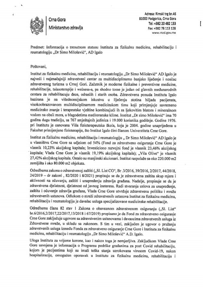 Informacija o trenutnom statusu Instituta za fizikalnu medicinu, rehabilitaciju i reumatologiju „Dr Simo Milošević“ AD Igalo