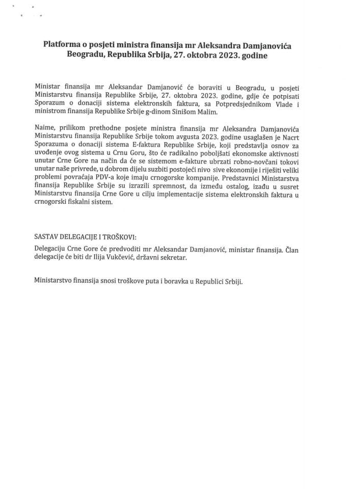 Predlog platforme za posjetu ministra finansija mr Aleksandra Damjanovića Beogradu, Republika Srbija, 27. oktobra 2023. godine