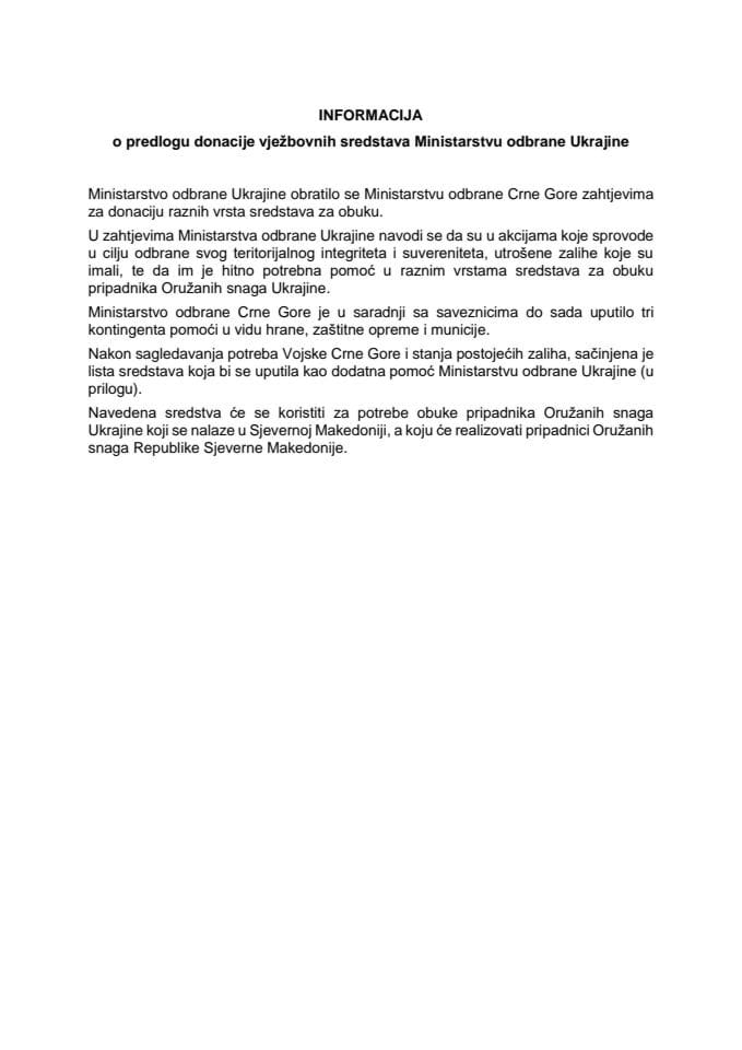 Informacija o predlogu donacije vježbovnih sredstava Ministarstvu odbrane Ukrajine