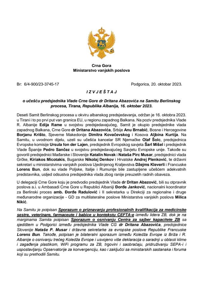 Izvještaj o učešću predsjednika Vlade Crne Gore dr Dritana Abazovića na Samitu Berlinskog procesa, Tirana, Republika Albanija, 16. oktobar 2023. godine