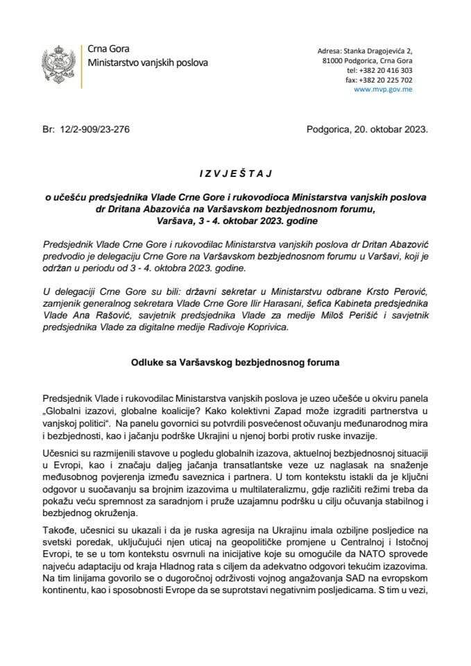 Izvještaj o učešću predsjednika Vlade Crne Gore i rukovodioca radom Ministarstva vanjskih poslova dr Dritana Abazovića na Varšavskom bezbjednosnom forumu, Varšava, 3 - 4. oktobar 2023. godine