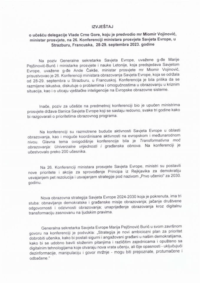 Izvještaj o učešću delegacije Vlade Crne Gore, koju je predvodio mr Miomir Vojinović, ministar prosvjete, na 26. Konferenciji ministara prosvjete Savjeta Evrope, 28-29. septembra 2023. godine, Strazbur, Francuska