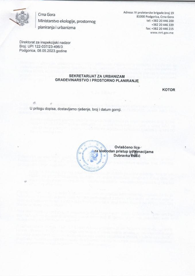 Rješenja - Slobodan pristup informacijama - UPI 122-037-23-496-3 Rjesenje Sekretarijat za urbanizam Kotor