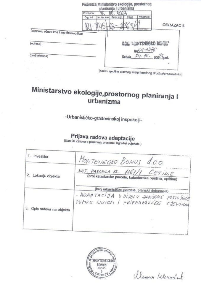 Prijava radova adaptacije - 121-745-23-8363-1 MONTENEGRO BONUS DOO