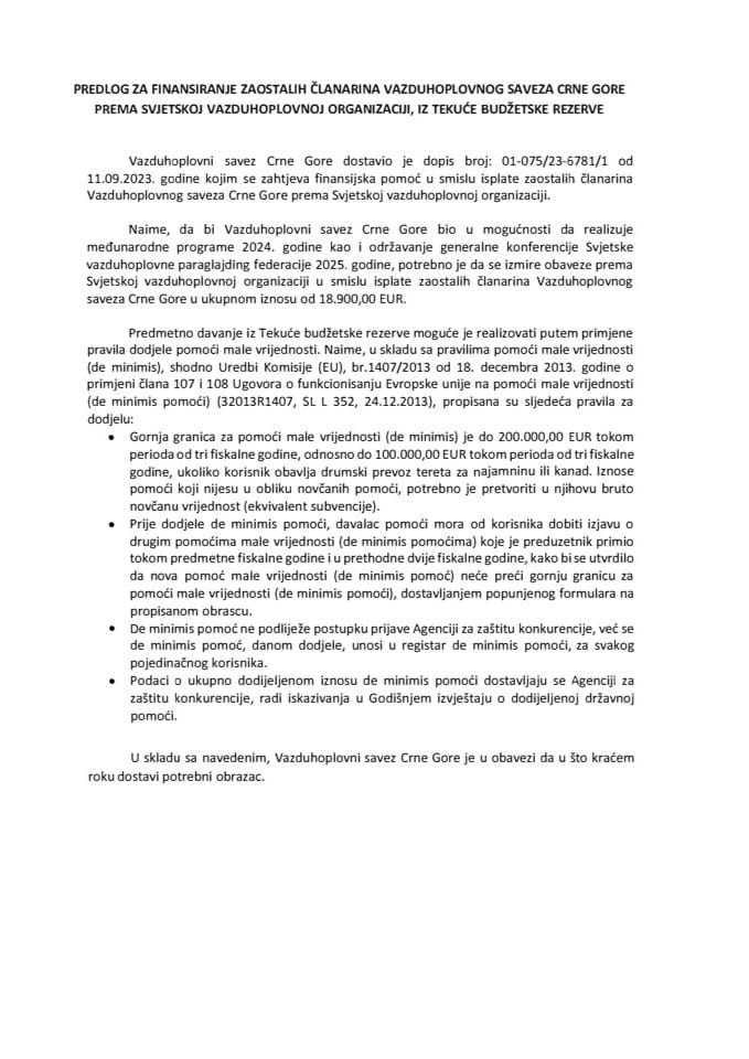 Predlog za finansiranje zaostalih članarina Vazduhoplovnog saveza Crne Gore prema Svjetskoj vazduhoplovnoj organizaciji, iz Tekuće budžetske rezerve