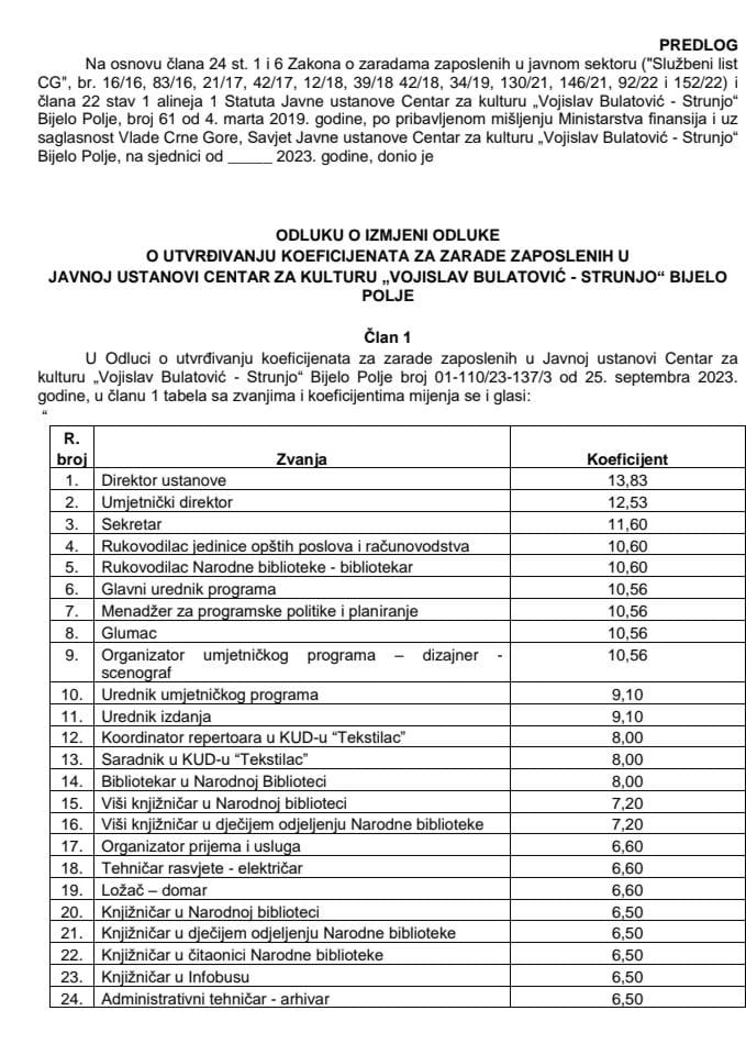 Предлог одлуке о измјени Одлуке о утврђивању коефицијента за зараде запослених у Јавној установи Центар за културу "Војислав Булатовић-Струњо" Бијело Поље