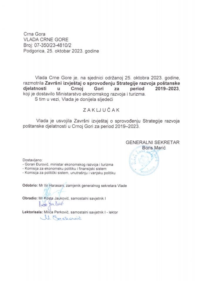Završni izvještaj o sprovođenju Strategije razvoja poštanske djelatnosti u Crnoj Gori za period 2019-2023. - zaključci