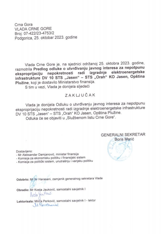 Predlog odluke o utvrđivanju javnog interesa za nepotpunu eksproprijaciju nepokretnosti radi izgradnje elektroenergetske infrastrukture DV 10 STS „Jasen“ - STS „Orah“ KO Jasen, Opština Plužine - zaključci