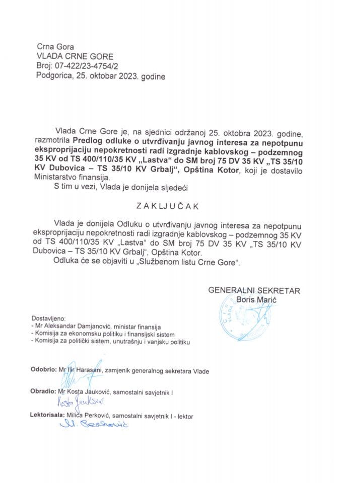 Predlog odluke o utvrđivanju javnog interesa za nepotpunu eksproprijaciju nepokretnosti radi izgradnje kablovskog - podzemnog 35 KV od TS 400/110/35 KV „Lastva“ - zaključci