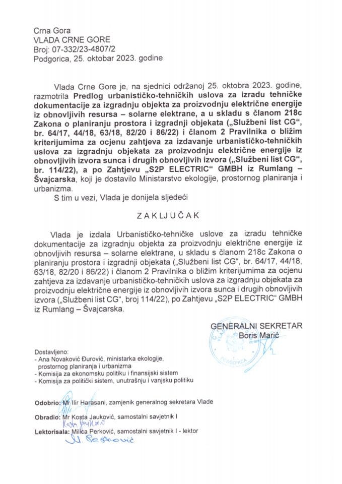 Predlog urbanističko tehničkih uslova za izradu tehničke dokumentacije za izgradnju objekta za proizvodnju električne energije iz obnovljivih resursa – solarne elektrane, a po zahtjevu „S2P ELECTRIC“ GMBH iz Rumlang- Švajcarska - zaključci