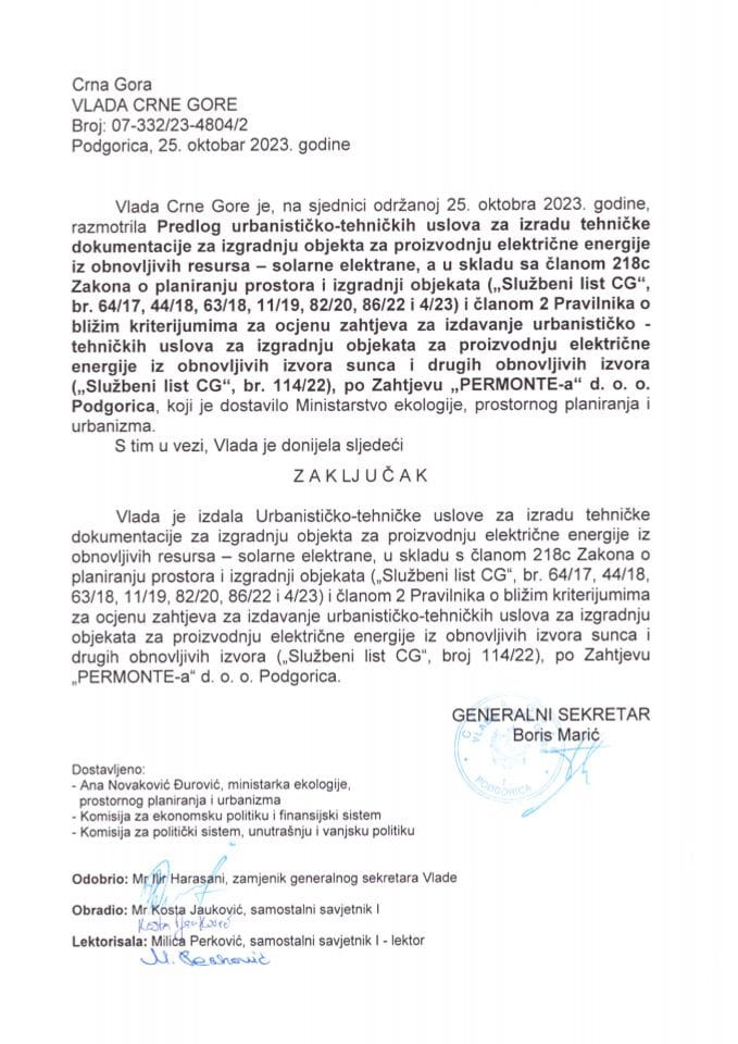 Predlog urbanističko tehničkih uslova za izradu tehničke dokumentacije za izgradnju objekta za proizvodnju električne energije iz obnovljivih resursa – solarne elektrane, a po zahtjevu „PERMONTE“ d.o.o. Podgorica - zaključci