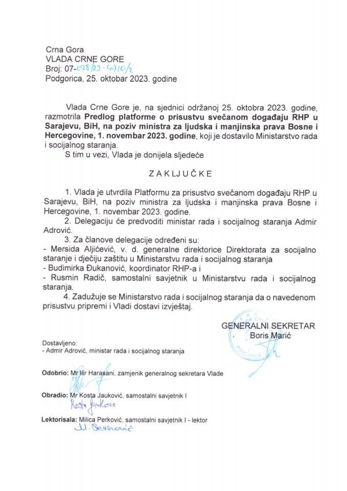 Predlog platforme o prisustvu svečanom događaju RHP-a u Sarajevu, BiH, na poziv ministra za ljudska prava i izbjeglice Bosne i Hercegovine, 1. novembar 2023. godine - zaključci