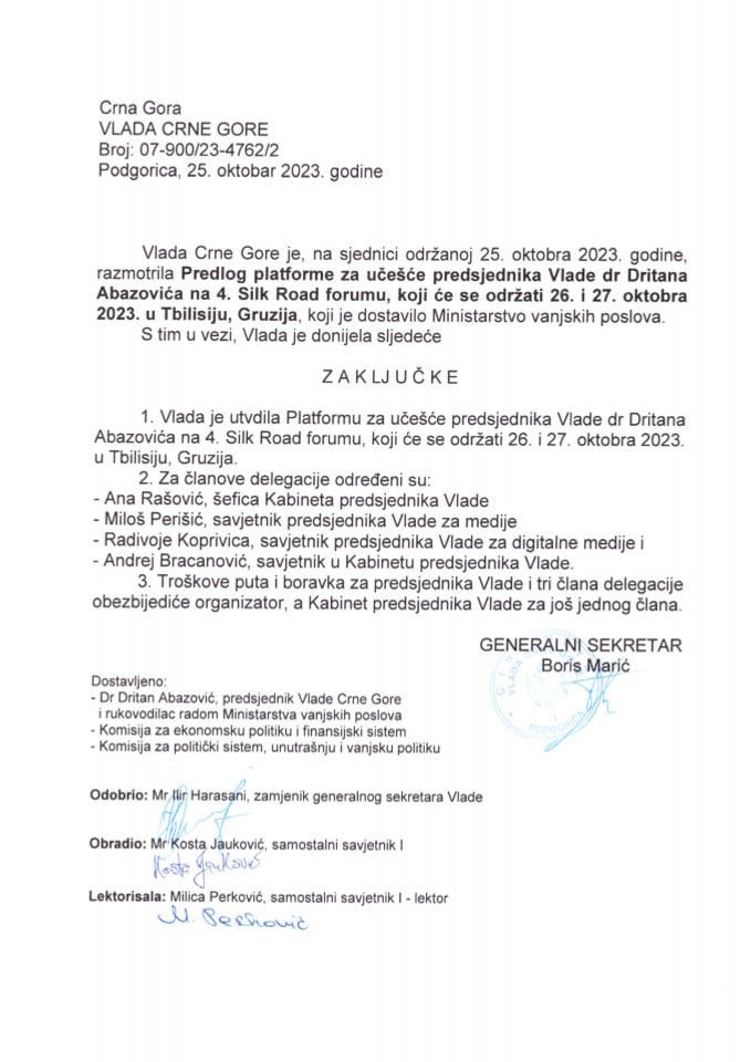 Predlog platforme za učešće predsjednika Vlade dr Dritana Abazovića na 4. Silk Road Forum-u koji će biti održan 26. i 27. oktobra 2023. godine, u Tbilisiju, Gruzija (bez rasprave) - zaključci