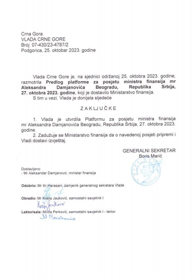 Predlog platforme za posjetu ministra finansija mr Aleksandra Damjanovića Beogradu, Republika Srbija, 27. oktobra 2023. godine - zaključci