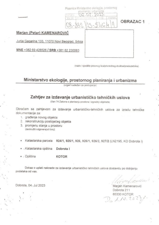Informacije kojima je  pristup odobren po osnovu zahtjeva br: UPI 08-037-23-1192 Marjan Kamenarović