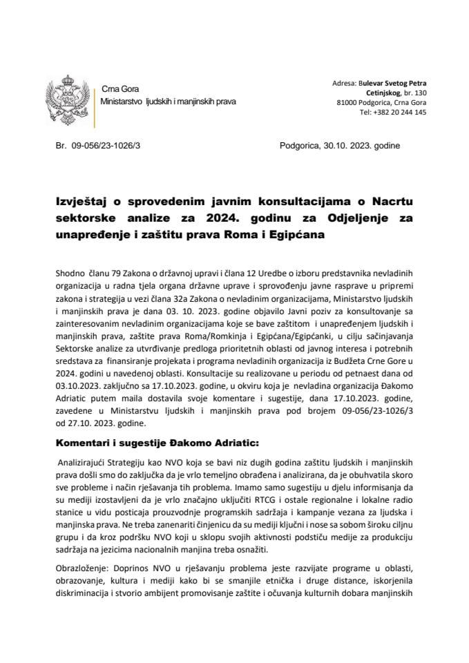 Izvještaj o sprovedenim javnim konsultacijama o Nacrtu sektorske analize za 2024. godinu - Romi
