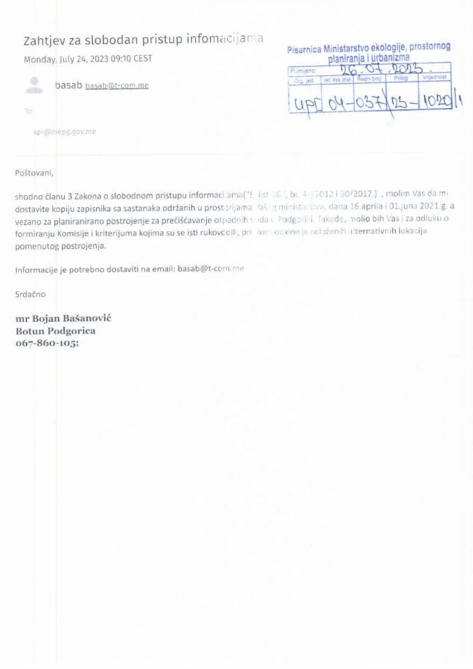 Zahtjevi - Slobodan pristup informacijama - UPI 04 037 23 1020 1 Zahtjev Bojan Basanovic