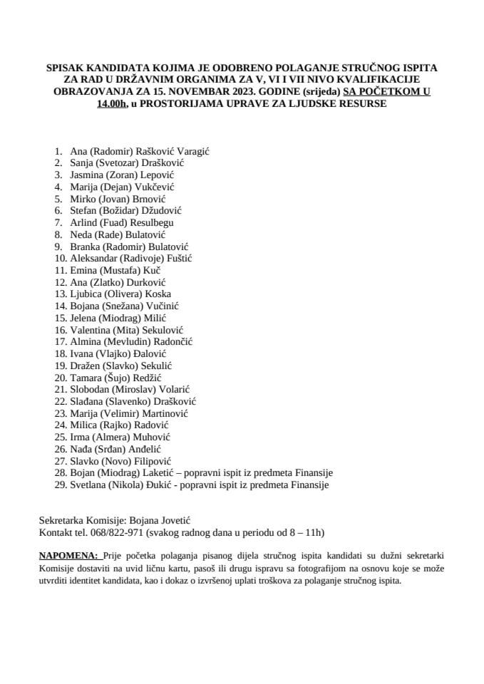 Списак кандидата  15. новембар 2023. ВСС