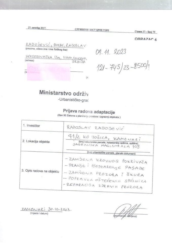 Prijava radova adaptacije - 121-745-23-8500-1 RADOSLAV RADOJEVIĆ