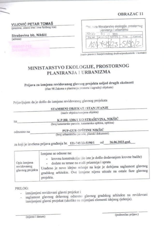 Prijava za izmjenu revidovanog glavnog projekta uslijed drugih okolnosti - 121-745-23-5190-2 VUJOVIĆ TOMAŠ