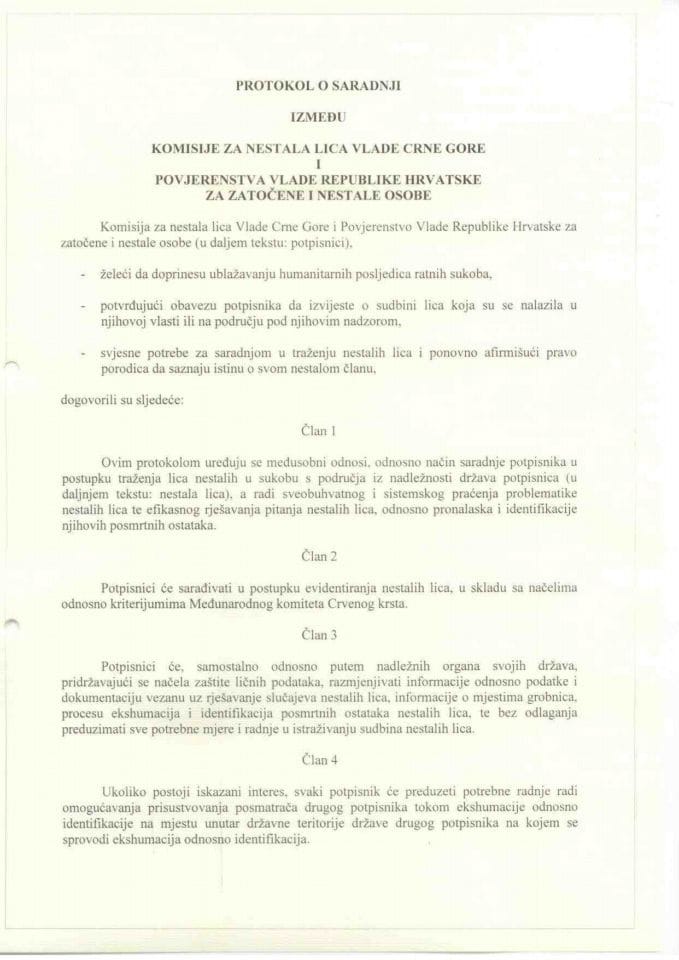 Protokol o saradnji između Komisije za nestala lica Vlade Crne Gore i Povjerenstva Vlade Republike Hrvatske za zatočene i nestale osobe