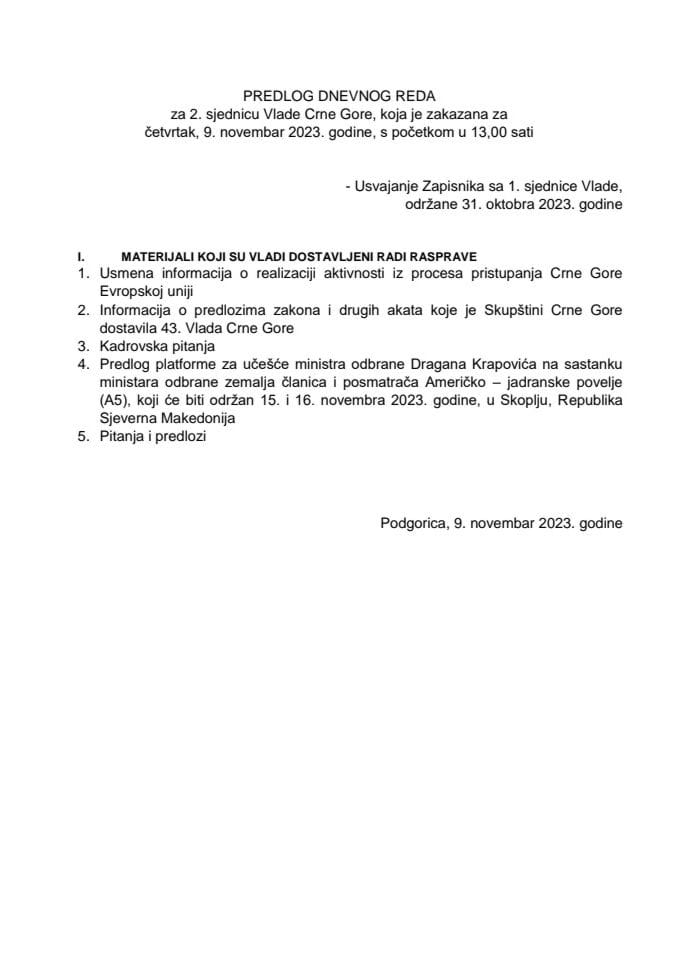 Предлог дневног реда за 2. сједницу Владе Црне Горе