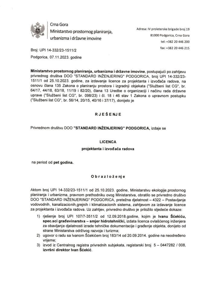 Licence projektanata i izvođača radova - UPI 14-332-23-1511-2 DOO STANDARD INŽENJERING