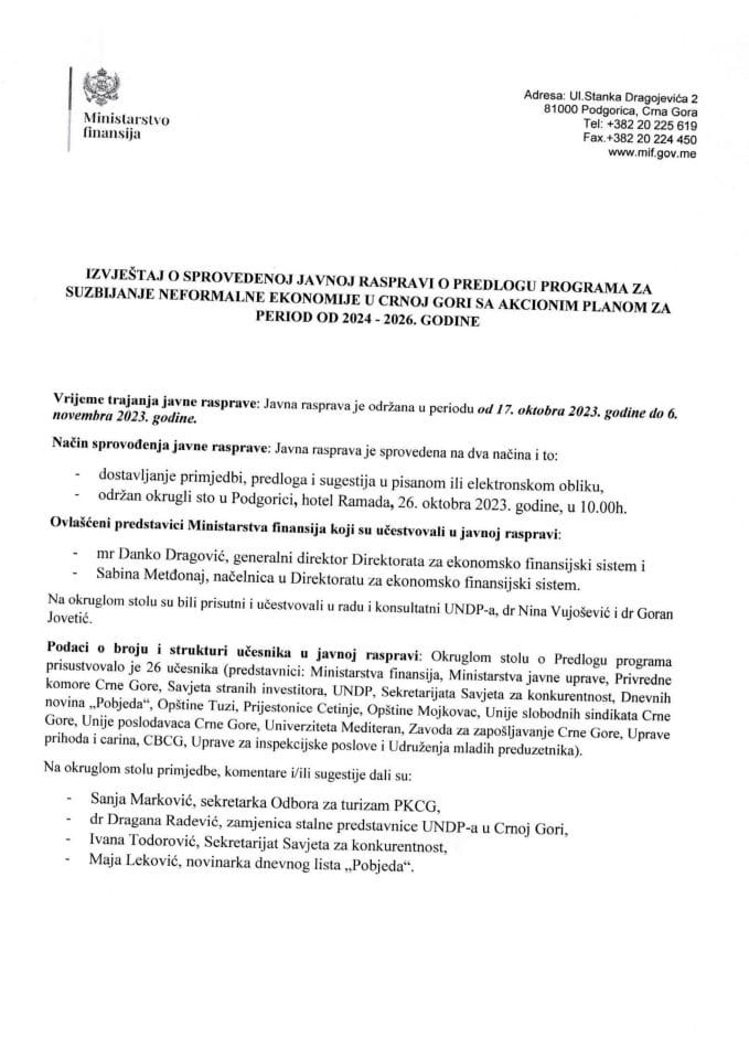 Извјештај о спроведеној јавној расправи о Предлогу програма за сузбијање неформалне економије у Црној Гори са Акционим планом за период од 2024 - 2026. године