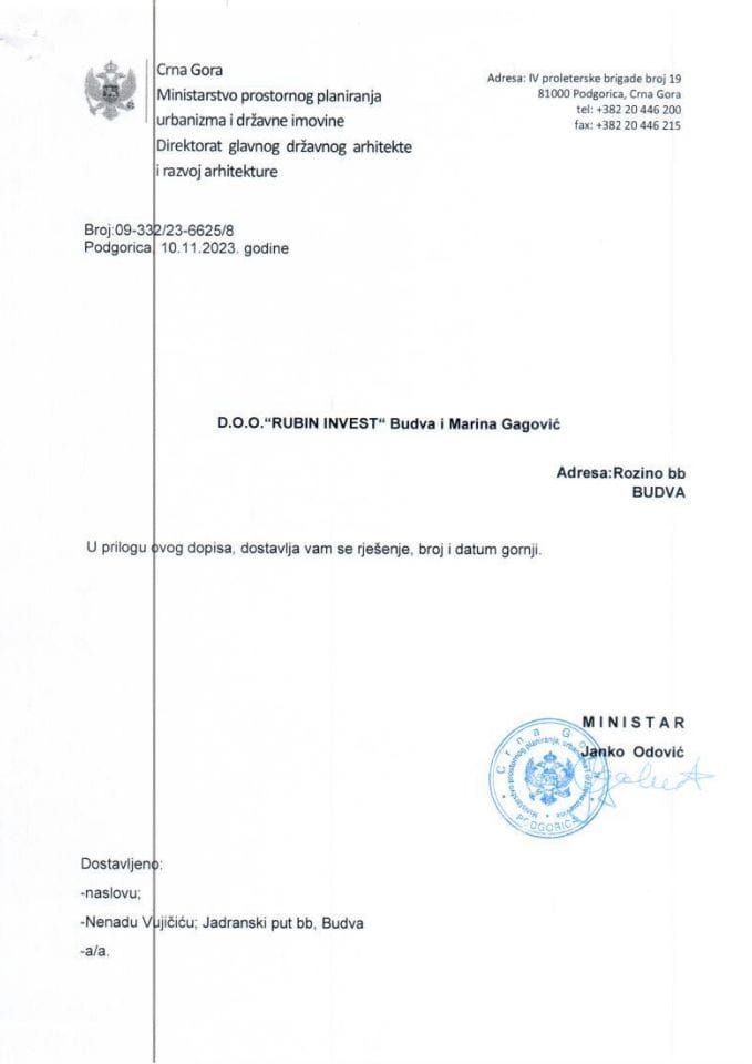 Rješenja glavnog državnog arhitekte - 10.11.2023 Rješenje -RUBIN INVEST DOO, Budva i Marina Gagović -Opština Budva