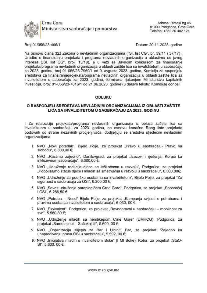 Odluka o raspodjeli sredstava NVO iz oblasti zaštite lica sa invaliditetom u saobraćaju za 2023. godinu