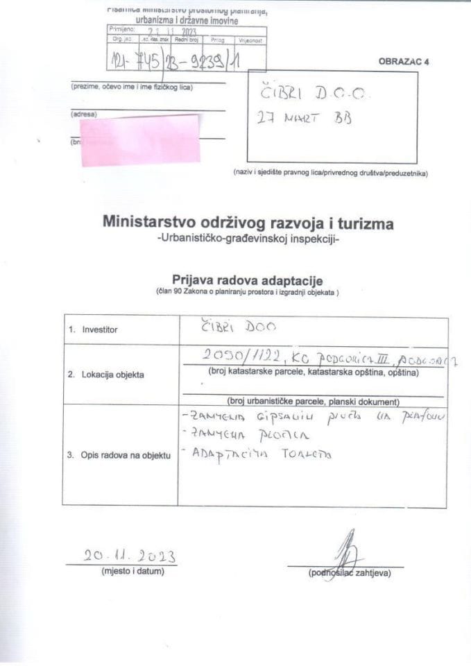 Prijava radova adaptacije - 121-745-23-9239-1 ČIBRI DOO