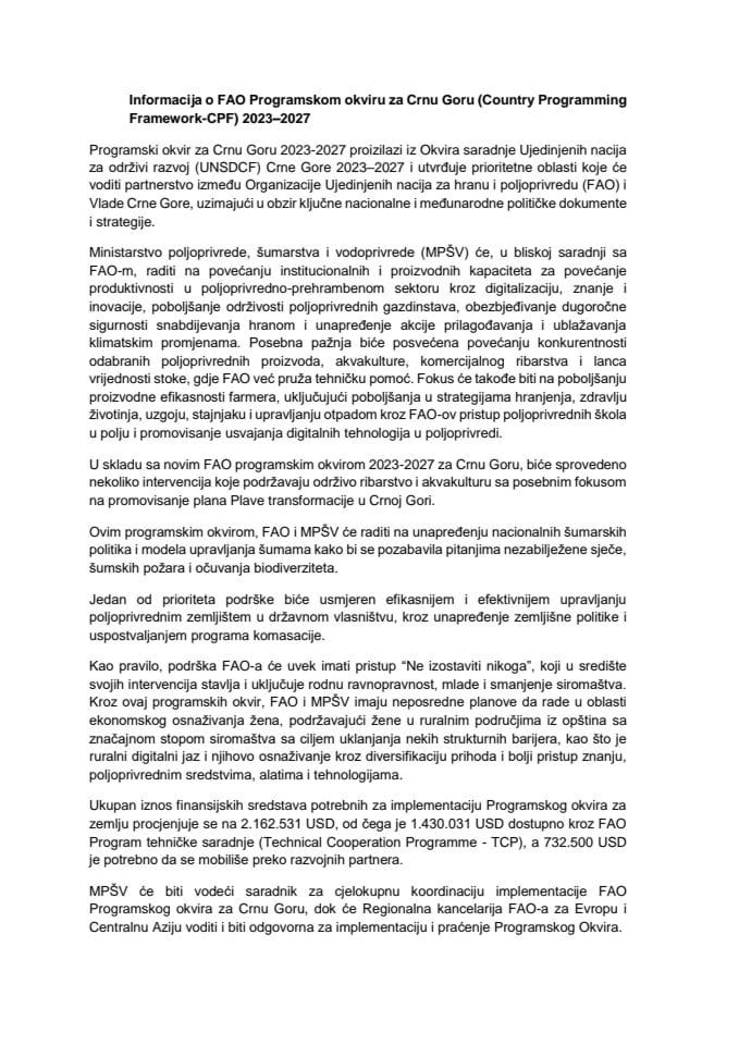 Informacija o FAO programskom okviru za Crnu Goru (Country Programming Framework - CPF) 2023 – 2027