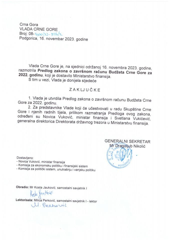 Predlog zakona o završnom računu budžeta Crne Gore za 2022. godinu - zaključci