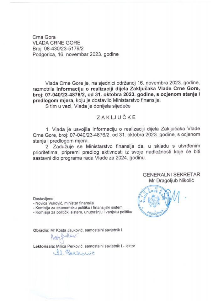 Informacija o realizaciji dijela Zaključaka Vlade Crne Gore, broj: 07-040/23-4876/2 od 31. oktobra 2023. godine, sa ocjenom stanja i predlogom mjera - zaključci