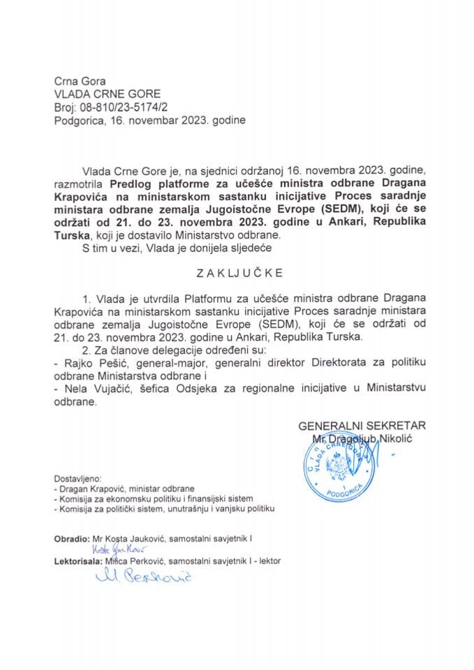 Предлог платформе за учешће министра одбране Драгана Краповића на министарском састанку иницијативе Процес сарадње министара одбране земаља Југоисточне Европе - закључци