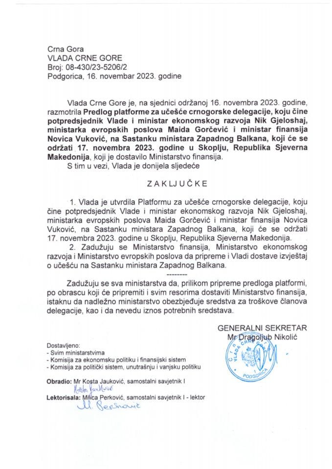 Predlog platforme o učešću crnogorske delegacije na Sastanku ministara Zapadnog Balkana, koji će se održati 17. novembra 2023. godine, Skoplje, Republika Sjeverna Makedonija - zaključci