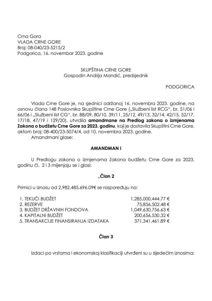 Предлог амандмана на Предлог закона о измјенама Закона о буџету Црне Горе за 2023. годину - закључци