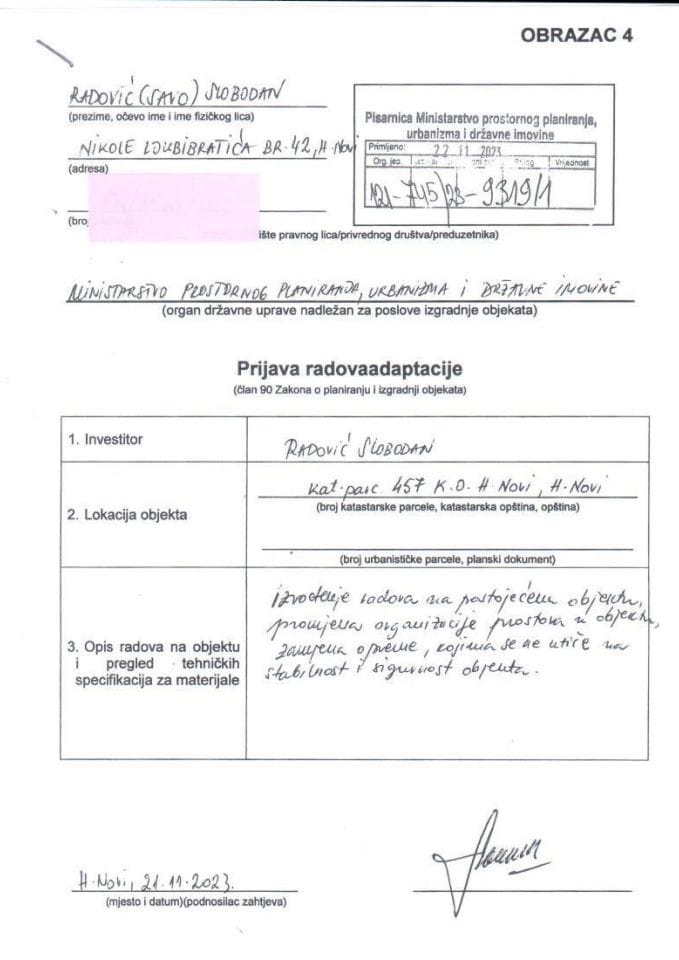 Prijava radova adaptacije - 121-745-23-9319-1 RADOVIĆ SLOBODAN