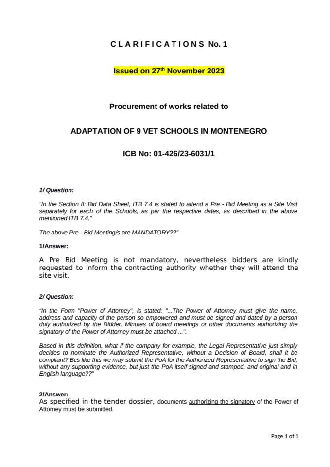 Clarification No. 1 / Pojašnjenje br.1