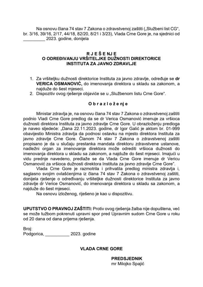 Predlog za određivanje v.d. direktorice Instituta za javno zdravlje Crne Gore