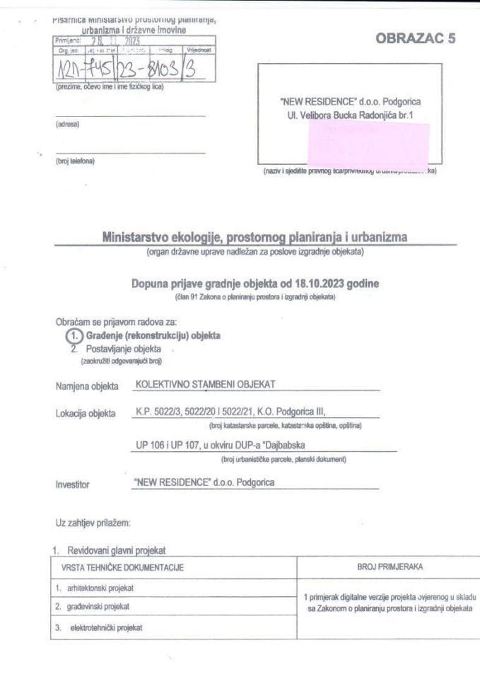Prijava početka građenja objekta - 121-745-23-8103-3 NEW RESIDENCE DOO PODGORICA
